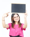 Showing, Presenting and holding Blank Blackboard Of Beautiful Asian Woman Isolated On White Royalty Free Stock Photo