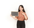 Showing, Presenting and holding Blank Blackboard Of Beautiful Asian Woman Isolated On White Background Royalty Free Stock Photo