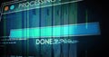 Showing PROCESSING window filling nearly full turquoise bar on screen, with glitched DONE, streaks Royalty Free Stock Photo