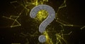 Showing question mark floating in dark network, with glowing yellow nodes and squares Royalty Free Stock Photo