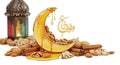 Ramadan Celebration with Honey Drizzling Crescent Moon Nuts and Islamic Arabic Script (922 Royalty Free Stock Photo