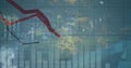 Showing red descending line graph on grid with world map, candlestick column bars, numeric labels Royalty Free Stock Photo