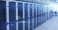 Showing row of glass-front server cabinets lining data center corridor with cable trays overhead Royalty Free Stock Photo