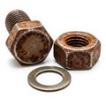 Rusty Bolt Nut and Washer on White Background Royalty Free Stock Photo