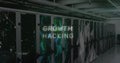 Showing server cabinets featuring stylized GROWTH HACKING overlay in data center, with code 11001 Royalty Free Stock Photo