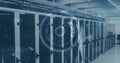 Showing server cabinets housing rack servers in data center corridor, with digital overlay graphics Royalty Free Stock Photo