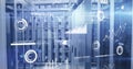 Showing server rack cluster displaying digital analytics at data center, with switches and cabling Royalty Free Stock Photo