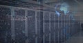 Showing server racks in data center with LED lights, patch cables, digital overlays, globe hologram Royalty Free Stock Photo