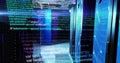 Showing server racks with floating code overlay in data center corridor, with LEDs, copy space Royalty Free Stock Photo