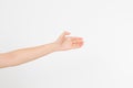 Showing size sign as caucasian hand gesture isolated over white background. afro american hand. Mock up. Copy space. Template. Bla Royalty Free Stock Photo