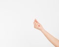 Showing size sign as caucasian hand gesture isolated over white background. afro american hand. Mock up. Copy space. Template. Bla Royalty Free Stock Photo