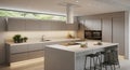 Sleek Modern Kitchen Interior with Island, Integrated Appliances, and Large Window (466 Royalty Free Stock Photo