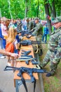 Showing small arms to residents of the city in Gagarin Park on a spring sunny day