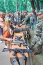 Showing small arms to residents of the city in Gagarin Park on a spring sunny day