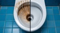 Split view of dirty and clean toilet bowl with blue tiled background (251) image Royalty Free Stock Photo