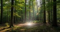Sunlight filtering through tall trees in a dense forest casting dappled shadows on a mossy forest floor with fallen Royalty Free Stock Photo