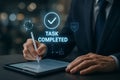 Task completed notification on digital tablet screen Keywords: task completed, checklist Royalty Free Stock Photo