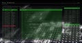 Showing terminal UI on screen with user or pass table, code panels, IP passphrase list, binary overl Royalty Free Stock Photo