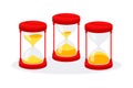 Showing three hourglasses with sand at different levels, symbolizing passing time. Vector illustration Royalty Free Stock Photo