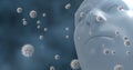Showing translucent CGI head rotating in digital scene, with floating virus particles, copy space Royalty Free Stock Photo