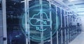 Showing translucent cloud computing icon floating above data center corridor, lined by server racks Royalty Free Stock Photo