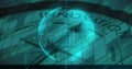Showing turquoise hologram globe hovering over glass building, displaying reticles, compass marks Royalty Free Stock Photo