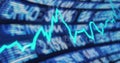 Showing turquoise line graph fluctuating on dashboard, with ticker panels and overlaid formulas Royalty Free Stock Photo