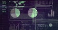 Showing two overlapping pie charts on dashboard, with keyboard, world map, bar charts line graphs Royalty Free Stock Photo