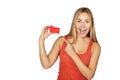 Showing woman presenting blank card sign. Royalty Free Stock Photo