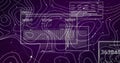 Showing workstation outlines in purple network mesh with numeric boxes code snippets and panels Royalty Free Stock Photo