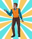 Showman on rays background Portrait full length. Smiling young male entertainer, presenter or actor.
