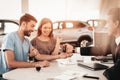 Showroom Dealer The Gives Car Keys To The Buyer.