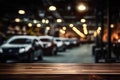 Showroom Elegance Empty Wooden Table Amidst Blurred Car Showroom with Bokeh Lights. created with Generative AI