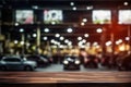 Showroom Elegance Empty Wooden Table Amidst Blurred Car Showroom with Bokeh Lights. created with Generative AI