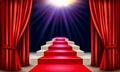 Showroom with red carpet leading to a podium with curtains Royalty Free Stock Photo