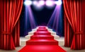Showroom with red carpet leading to a podium and a spotlight. Royalty Free Stock Photo