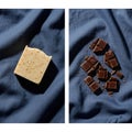 Shows a bar of soap and broken chocolate pieces on a dark blue Royalty Free Stock Photo