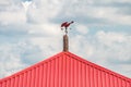 Shows the direction of the wind. Weathervane of a compass red on a red roof against the sky.