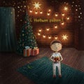 new year tree and a boy with a gift in Russian it is written happy new year