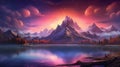 shows a tranquil lake and surrounding mountains, AI-generated