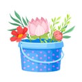 Showy Flowers Standing in Garden Bucket Vector Illustration