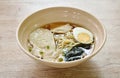 shoyu ramen or Japanese yellow noodles topping slice braised pork and boiled egg in soy sauce soup on bowl Royalty Free Stock Photo