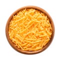 Shredded cheddar cheese, grated natural cheese, in a wooden bowl Royalty Free Stock Photo