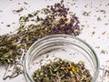 Shredded dried oregano in a glass jar. Closeup view