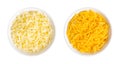 Shredded mozzarella and cheddar cheese for pizza and pasta, in white bowls Royalty Free Stock Photo