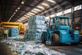 Shredded plastic garbage at a recycling factory, forklift at a waste disposal site, pile scrap bottles