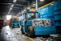 Shredded plastic garbage at a recycling factory, forklift at a waste disposal site, pile scrap bottles