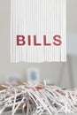 Shredded red BILLS letters above Cut up credit cards on Shredded Bills and Bank Statements Royalty Free Stock Photo