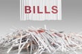 Shredded red BILLS letters above Cut up credit cards on Shredded Bills and Bank Statements Royalty Free Stock Photo