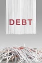 Shredded red DEBT letters above Cut up credit cards on Shredded Bills and Bank Statements Royalty Free Stock Photo